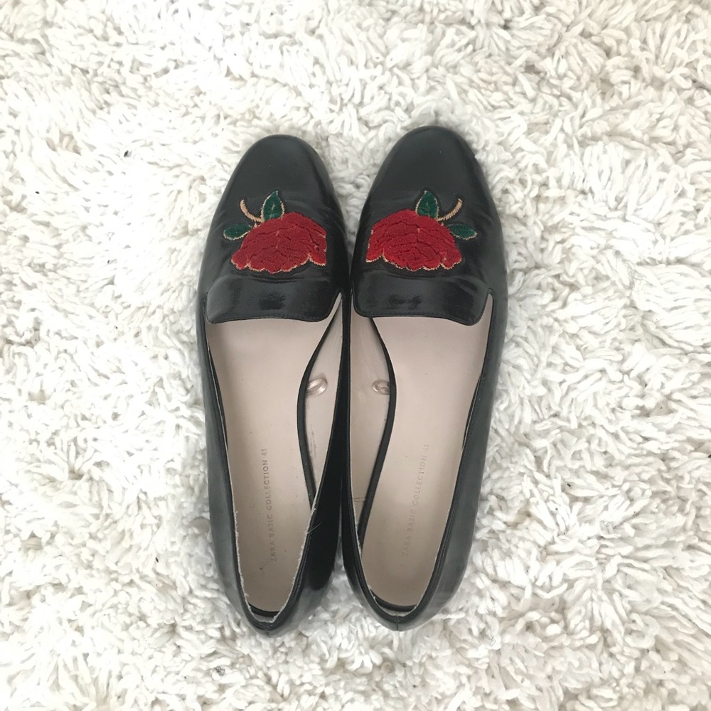 Black flats from Zara with rose embroidery.